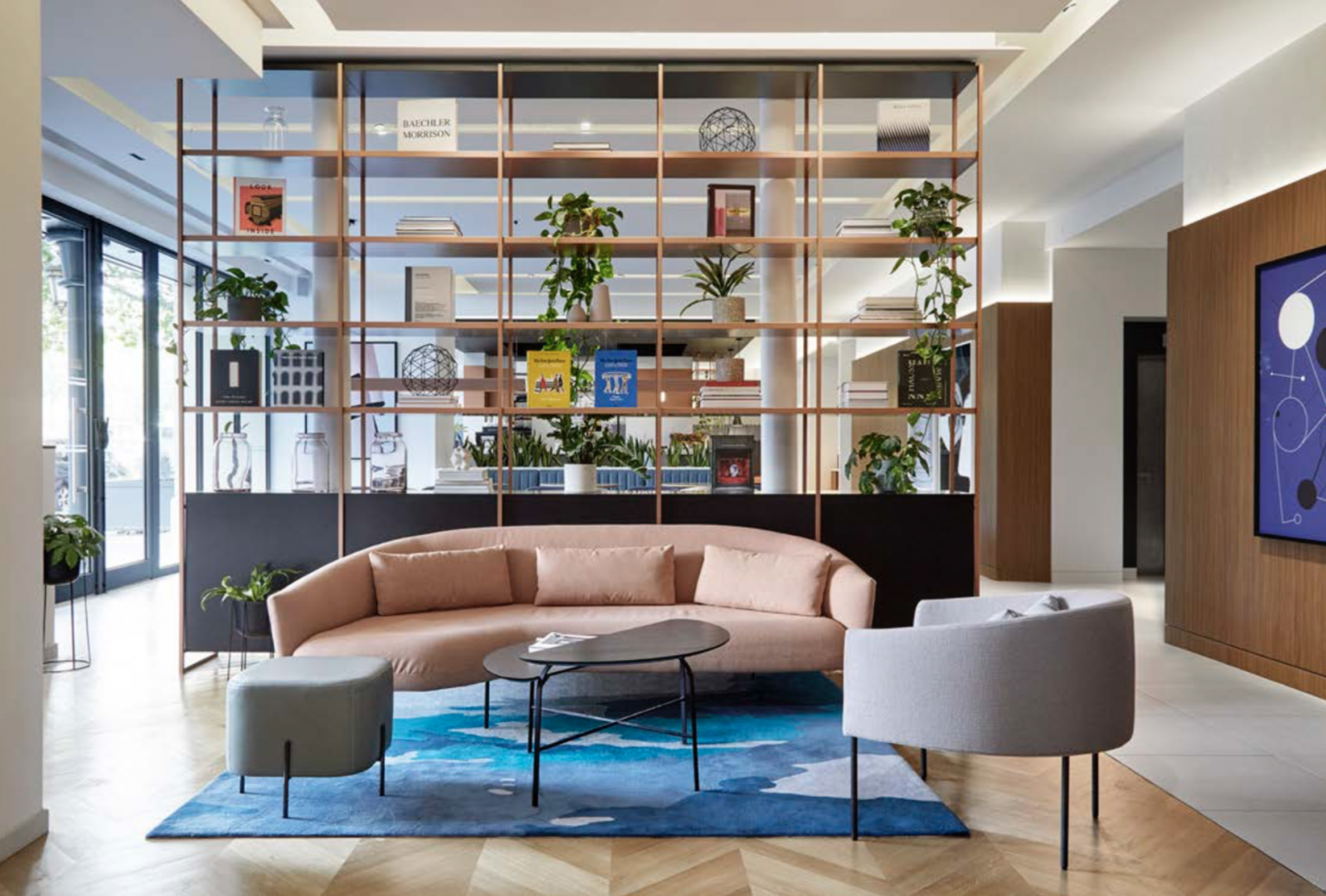 Comfortable seating area with shelving