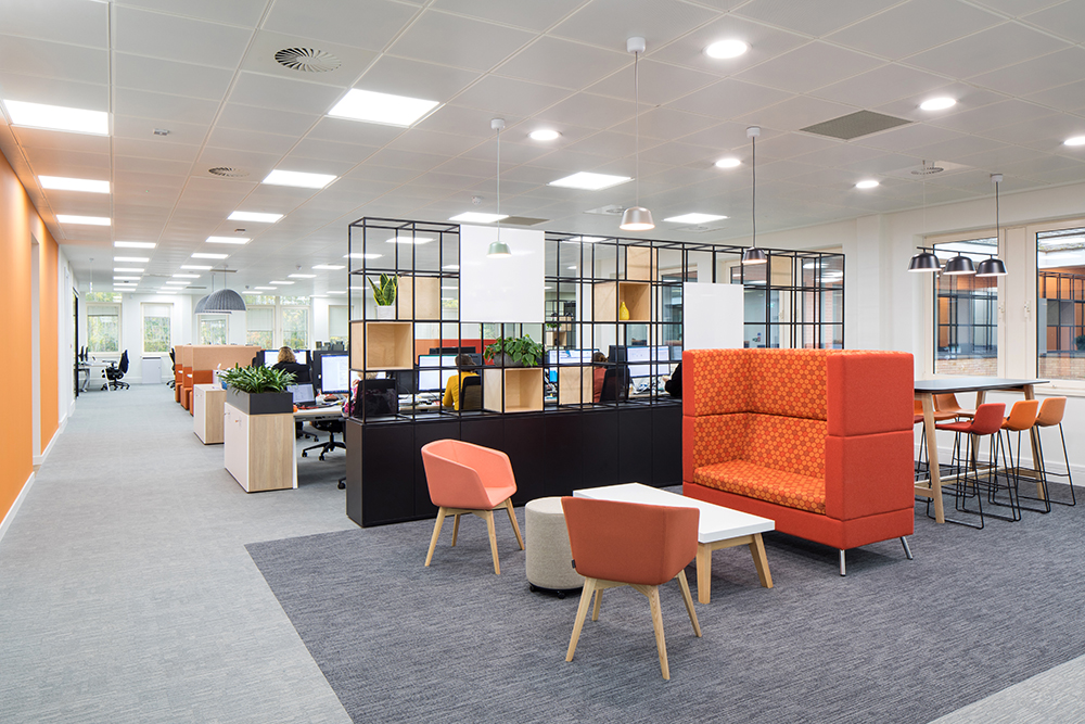 Shelving with flexible workspace and seating