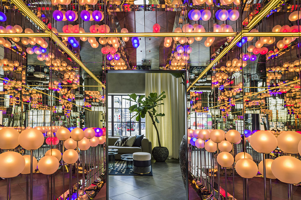 Creative lighting at Mondrian hotel in London Shoreditch designed by Goddard Littlefair