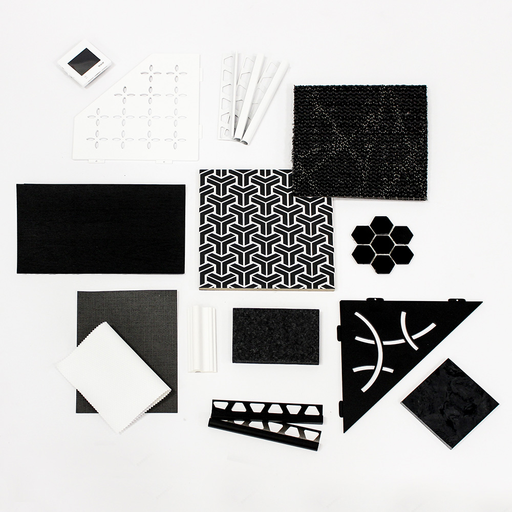Bathroom trends material board - Monochrome tiles and fabrics