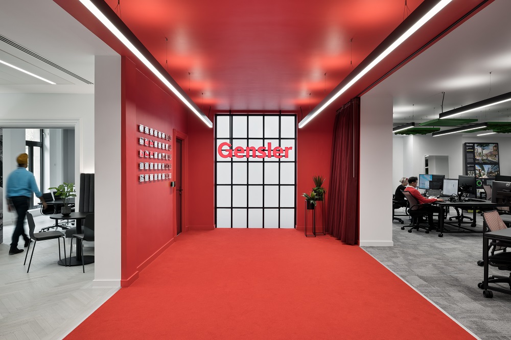 Gensler Birmingham red office photo by Tom Bird
