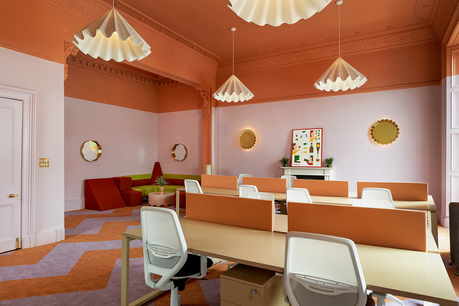 pink interiors at Beer52 workplace