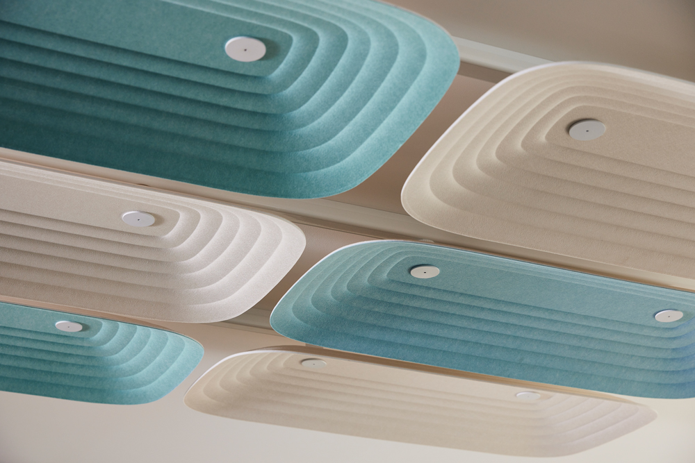 Long rectangular Fuji Juni acoustic ceiling tiles designed by Woven Image