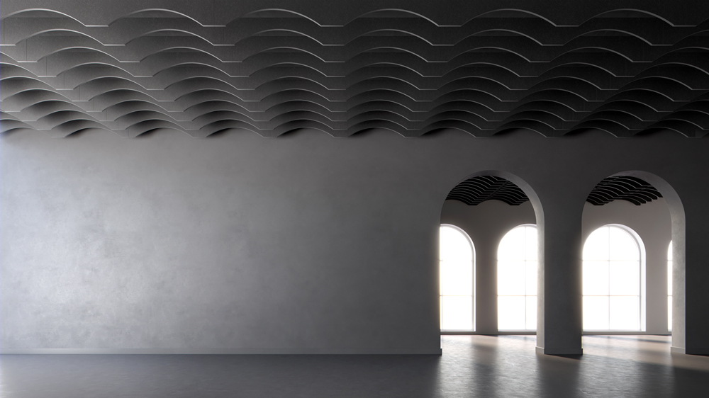 Array ceiling acoustic baffle system designed by Woven Image as part of its Serene Contours collection