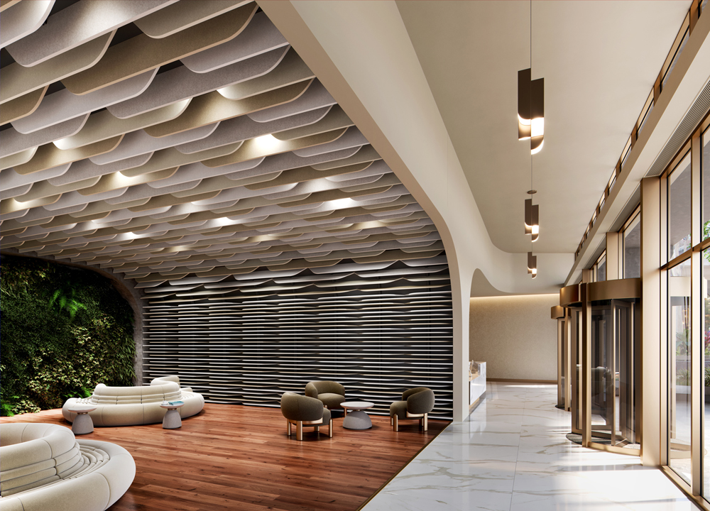 Woven Image designed Array acoustic ceiling panels in use at commercial lobby space