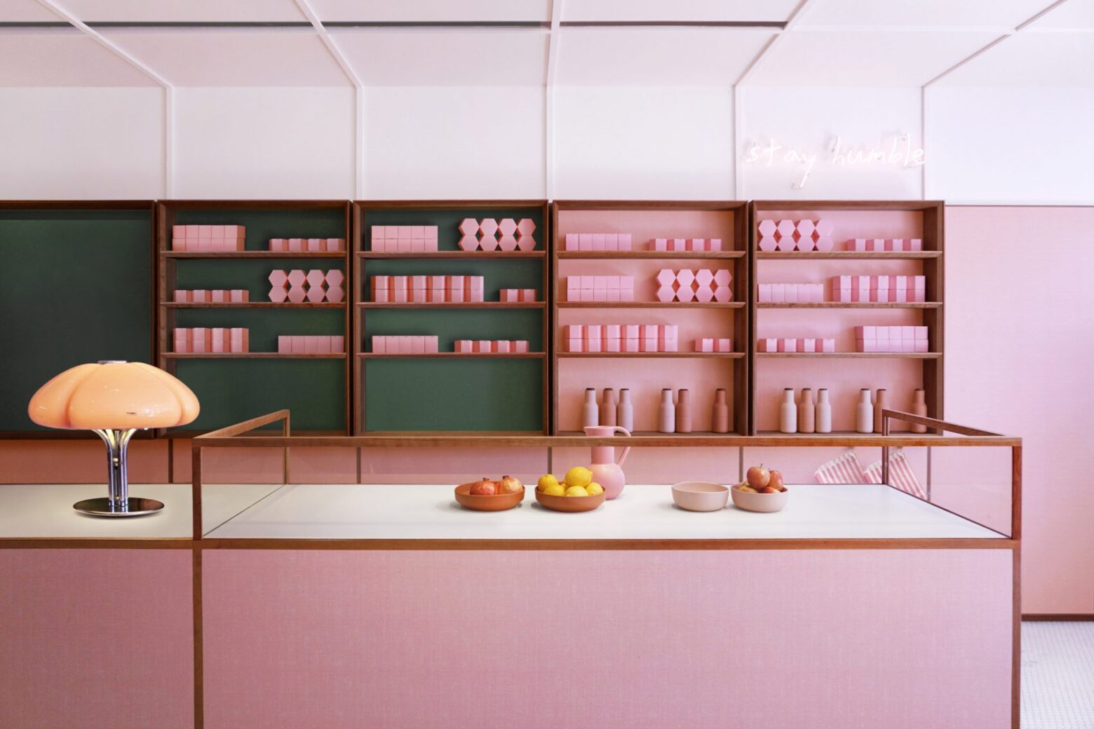 pink interior design at humble pizza by child studio