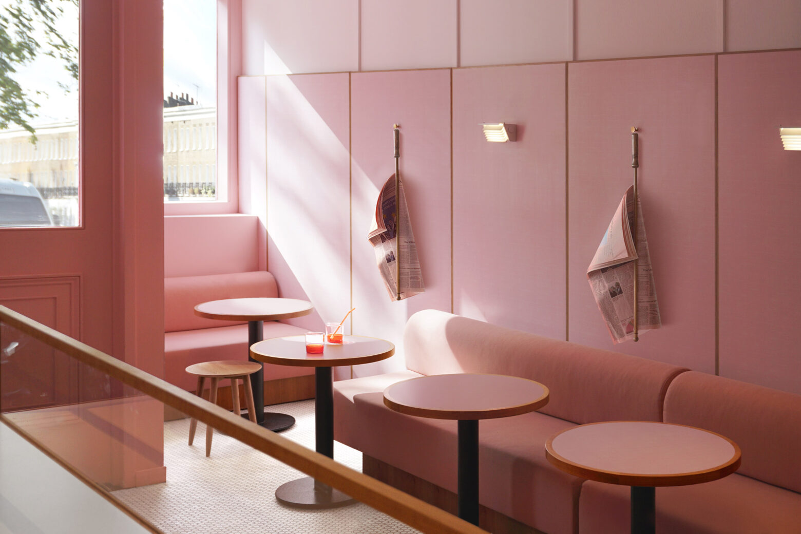 pink interior design at humble pizza by child studio