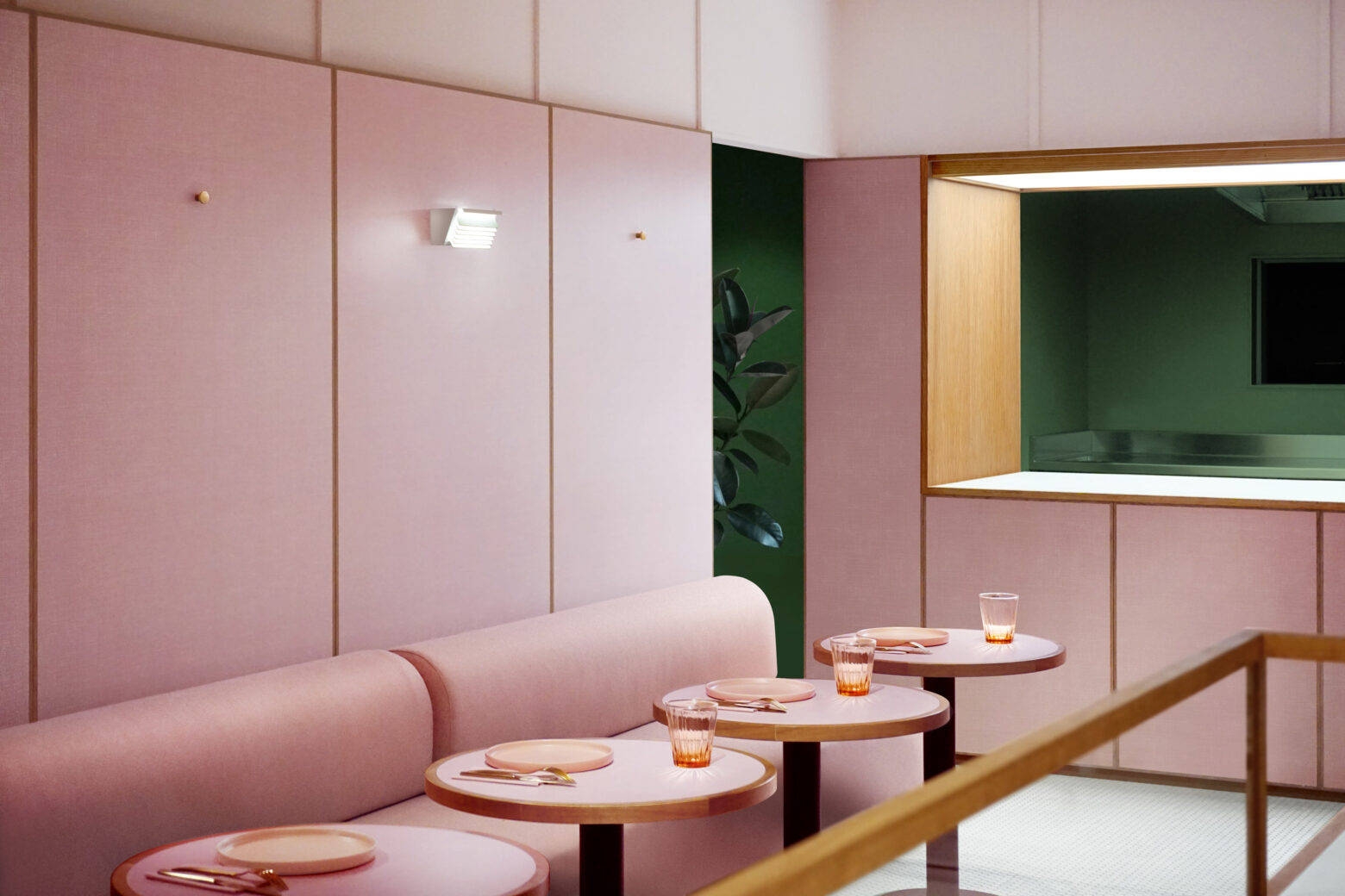 pink interior design at humble pizza by child studio
