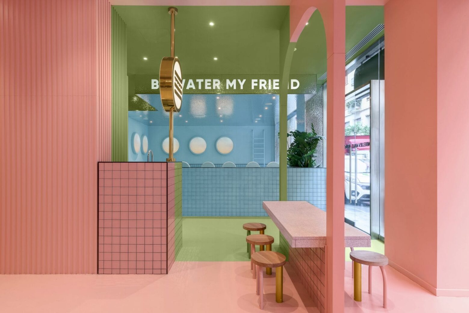 pink interior design at humble pizza by child studiopink interior design at bun burgers by masquespacio