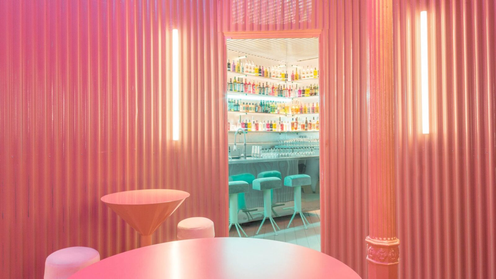 pink interiors at naked and famous bar