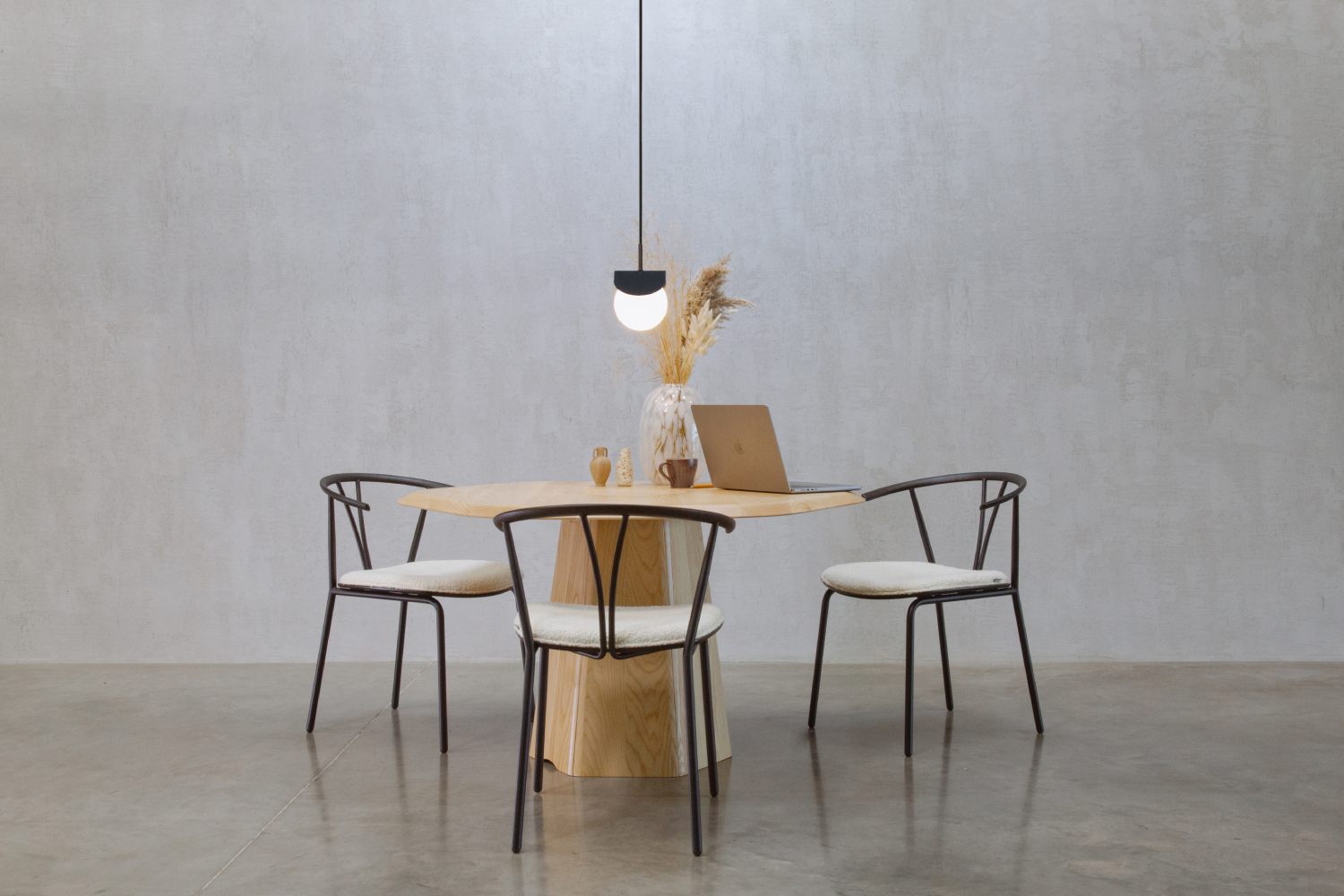 Isle Table in Ash with Black Chairs